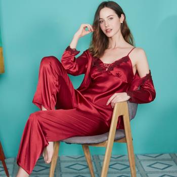 Silk pajamas long-sleeved trousers three-piece loungewear
