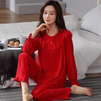 睡衣女士春秋款純棉長袖加大碼套頭秋冬季大紅色本命年家居服套裝