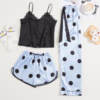 suspenders trousers loose polka dot pajamas three-piece set