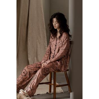 冰絲睡衣女長袖春秋2025年春季新款復古印花可外穿夏天薄款家居服
