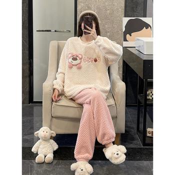 睡衣女秋冬季珊瑚絨2025新款法蘭絨加厚熊頭時尚可外穿家居服套裝