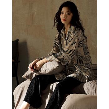 復古冰絲睡衣春秋款女長袖2025年新款夏天寬松大碼休閑家居服套裝