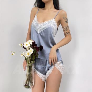 Alitayxx 冰川融雪 模擬絲雪紡蕾絲花邊夏季性感吊帶睡衣睡褲套裝