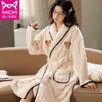 貓人女秋冬季珊瑚絨中長款睡袍