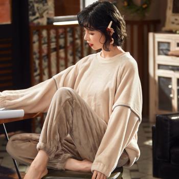 珊瑚絨睡衣女秋冬季加厚毛絨女士簡約純色2024年新款法蘭絨家居服