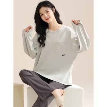 長袖睡衣女春秋季純棉女士極簡約純色套頭可外穿家居服2024年新款