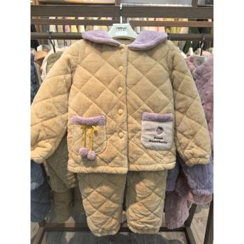 特惠冬季兒童夾棉睡衣家居服大童小童男女小孩加厚連帽珊瑚絨夾棉