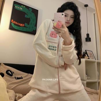 韓國loopy小海貍睡衣女秋冬季加厚空氣棉可愛卡通夾棉家居服套裝