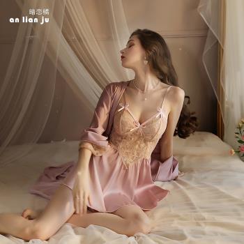 New sexy deep v-tie long-sleeved nightgown home suit睡袍套裝