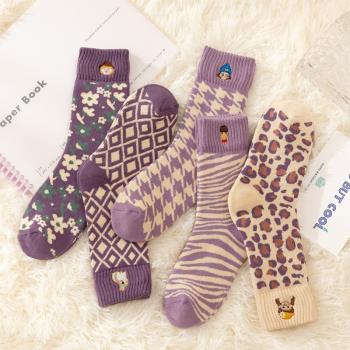 紫色冬季加厚保暖襪子女純棉毛圈中筒襪斑馬紋千鳥格小花豹紋女襪
