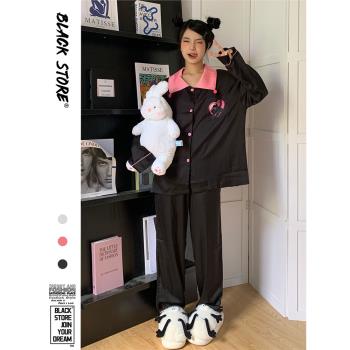 ins拼色翻領女高階印花長袖睡衣