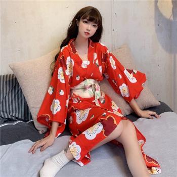 神明少女日式和服睡衣女復古紅色印花睡裙日本櫻花長款浴衣浴袍