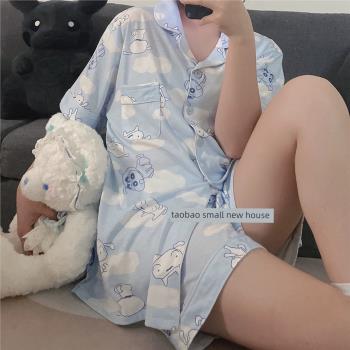 韓國蠟筆小新睡衣女夏季短袖卡通純棉短褲套裝學生可愛薄款家居服