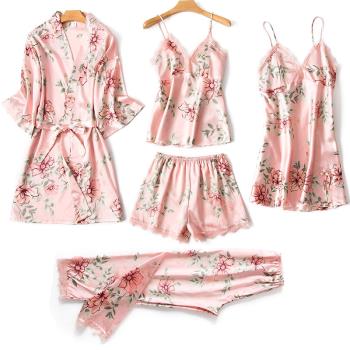Ice silk pajamas five-piece suit with chest pad nightgown