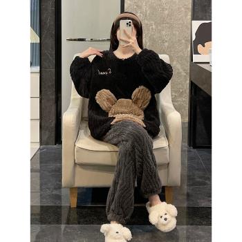 珊瑚絨睡衣女秋冬季大碼法蘭絨加厚卡通熊可外穿學生春套裝家居服