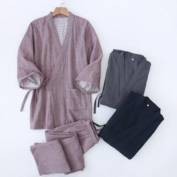男雙層紗布分袖純色汗蒸和服睡衣
