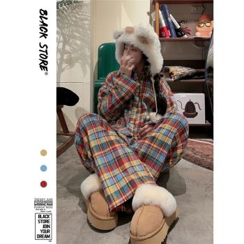 ins韓風高階格子加厚保暖德絨睡衣女秋冬新款彩色開衫家居服套裝