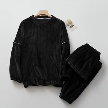 黑色套頭睡衣男生珊瑚絨收口秋冬法蘭絨家居服套裝可外穿運動服厚