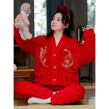 睡衣女士秋冬季珊瑚絨加厚蛇年2025新年款紅色本命年中國風法蘭絨