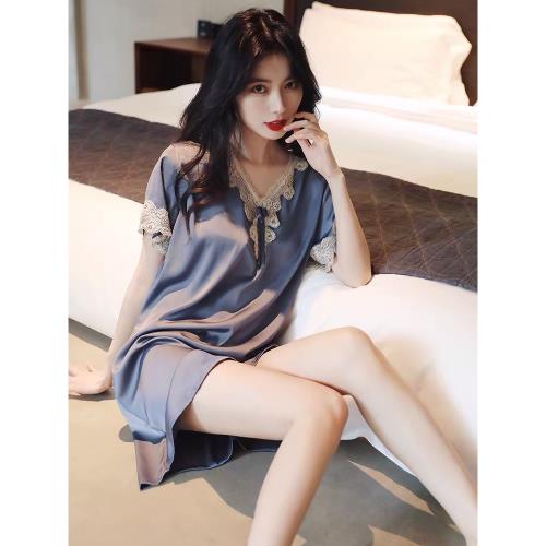 睡裙女士夏季薄款冰絲純欲風酒紅色高級感性感仿真絲大碼短袖睡衣