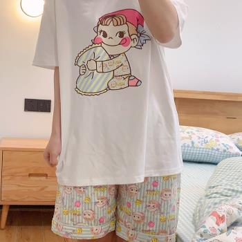 不二家圓領睡衣女夏季純棉短袖短褲可愛夏天寬松家居服套裝可外穿
