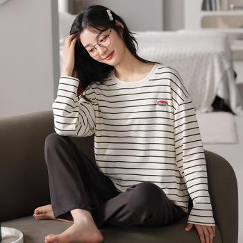 春秋季女條紋休閑學生全棉睡衣
