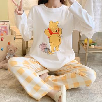 睡衣女純棉長袖春秋款可愛卡通小熊格子兩件套裝帶胸墊家居服秋季