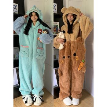 可愛卡通珊瑚絨連體睡衣女秋冬款2023新款加厚毛絨睡袍家居服冬天
