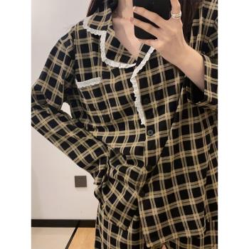 韓國經典格紋純棉睡衣女花邊ins開衫休閑長袖長褲春秋家居服套裝