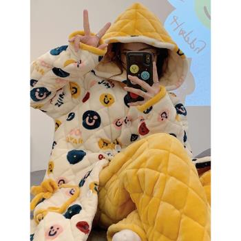 珊瑚絨睡衣女秋冬季三層夾棉加絨保暖冬款加厚超厚棉襖家居服套裝