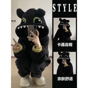 可愛小黑龍連帽珊瑚絨睡衣女加絨加厚冬季法蘭絨家居服大碼套裝冬