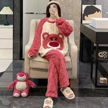睡衣女秋冬季珊瑚絨2025新款大碼加厚法蘭絨網紅小熊春家居服套裝