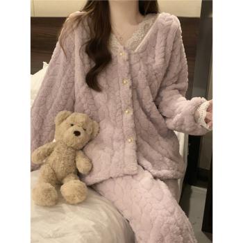 珊瑚絨睡衣女款秋冬季加絨加厚法蘭絨溫柔風高級感套裝冬天家居服