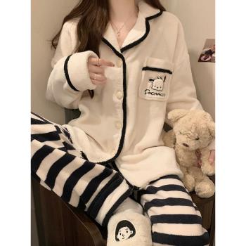 珊瑚絨睡衣女款加厚春秋冬季2024年新款可愛卡通法蘭絨家居服套裝