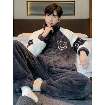 男士加厚保暖青少年法蘭絨睡衣
