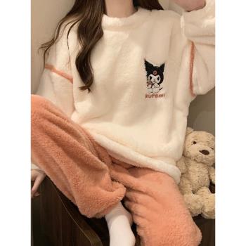 可愛卡通珊瑚絨睡衣女生春秋冬季兩件套裝2023年新款法蘭絨家居服