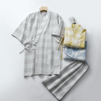 出口 和服睡衣女提花水洗棉布短袖短褲薄款格子家居服兩件套裝