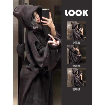 小惡魔珊瑚絨睡袍冬天睡衣女加絨加厚冬季新款長款家居服毛絨睡裙
