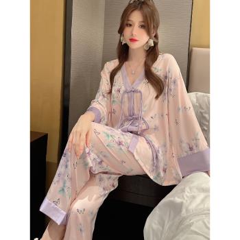 2023新款冰絲睡衣女春秋冬季中國風高階感真絲長袖古風家居服套裝