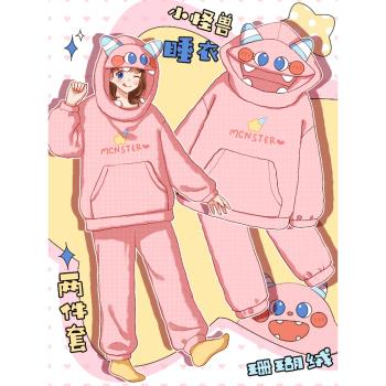 小怪獸加厚珊瑚絨女卡通連帽睡衣