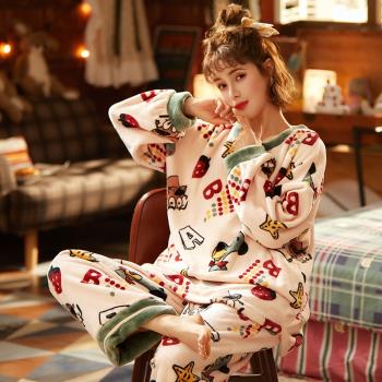 法蘭絨睡衣女秋冬季加絨加厚冬天款保暖卡通可愛珊瑚絨家居服套裝