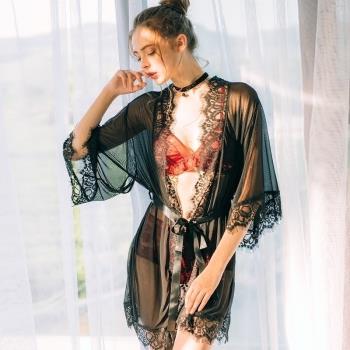 超薄半透明網紗性感女蕾絲睡袍