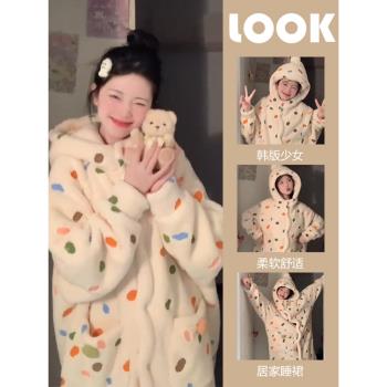 高階感波點連帽睡袍珊瑚絨睡衣女冬季新款加厚加絨家居服睡裙外穿