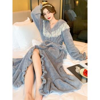 靛藍高級感睡袍女秋冬季甜美性感珊瑚絨加厚加絨長款睡衣浴袍晨袍