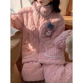 三層夾棉襖睡衣女秋冬季珊瑚絨加厚加絨甜美可愛法蘭絨家居服套裝