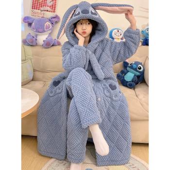 睡袍女士秋冬季珊瑚絨夾棉三層加厚連帽法蘭絨睡衣長款家居服套裝