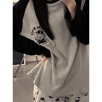 睡衣女款秋冬季長袖保暖德絨灰色helloKitty凱蒂貓圓領家居服套裝