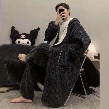 男士冬季加厚珊瑚絨長款套裝睡衣