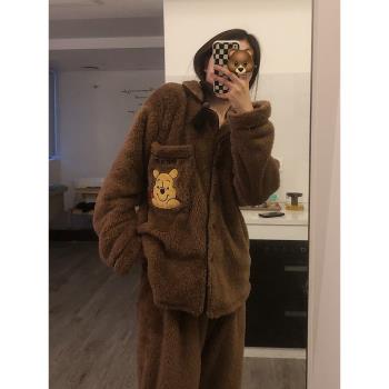 韓國卡通維尼熊加厚加絨情侶睡衣女秋冬季保暖長毛絨純色長袖長褲