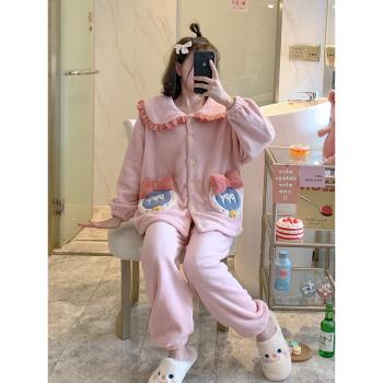 法蘭絨睡衣女秋冬季開衫珊瑚絨加厚2025年新款大碼春秋家居服套裝